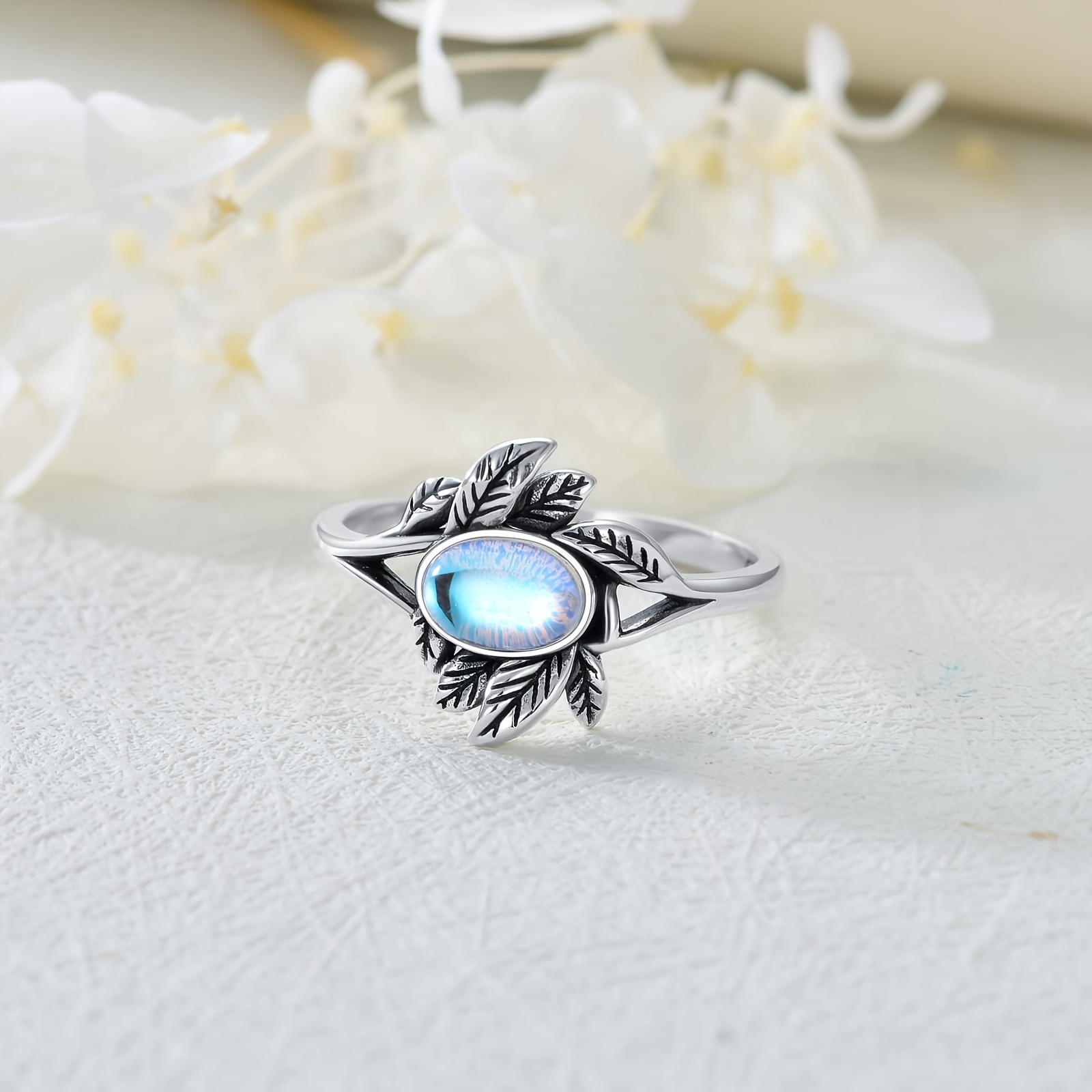 Moonstone Ring Sterling Silver Olive Leaf Women's Jewelry